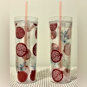 ‘2-BRAND-NEW’ 16OZ. POMEGRANATE THEMED TUMBLERS WITH NEVER-LOSE-STRAWS…